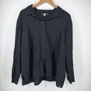 EILEEN FISHER Organic Linen Button Long Sleeve Shirt XL Black Quiet Luxury Money